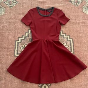 Madewell short sleeve fit & flare burgundy dress with leather collar zipper back
